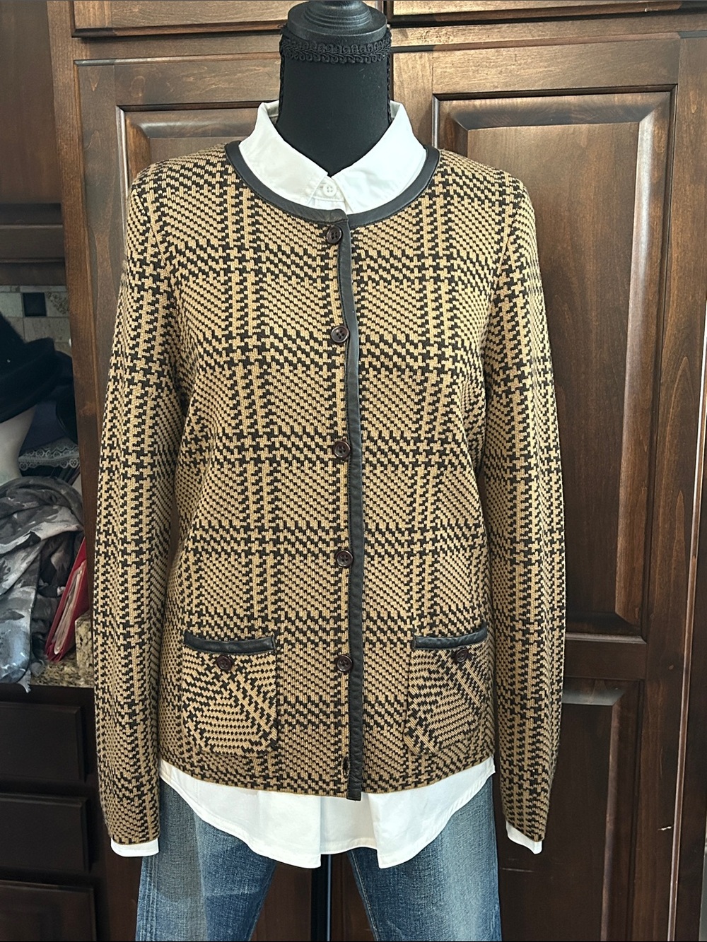 Pendleton Sz S Button Front Leather Trim Jacket Tan Black